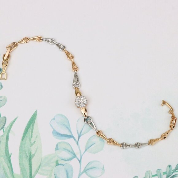 Elegant Rose Gold+Silver Floral Bracelet with Sparkling Center, XPBL0724 - Picture 4 of 12